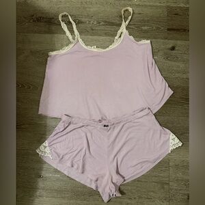 Victorias Secret Shorts Cami PJ Set Womens S M Lilac Lounge Ribbed Bow Lace 2 PC